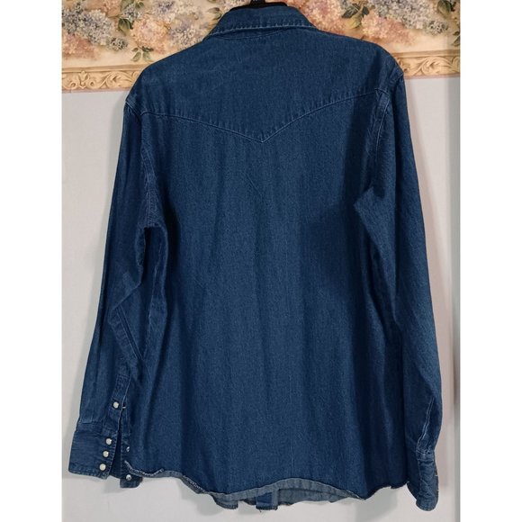 Wrangler Large Blue Denim Pearl Snap Western Outdoor Rodeo Farm Classic Shirt - Picture 6 of 6